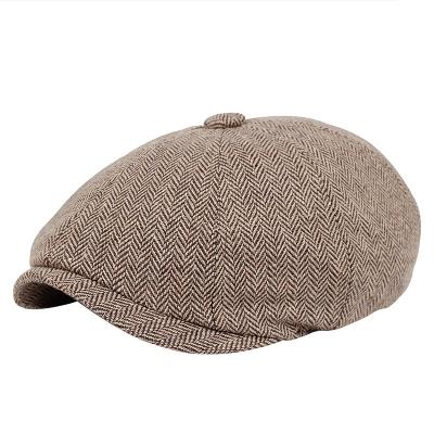 China Outdoor Stripe Autumn Winter Men Short Brim Elasticity Newsboy Checked Hat Keep Warm Korean Version Unisex Beret Peaked Hat for sale