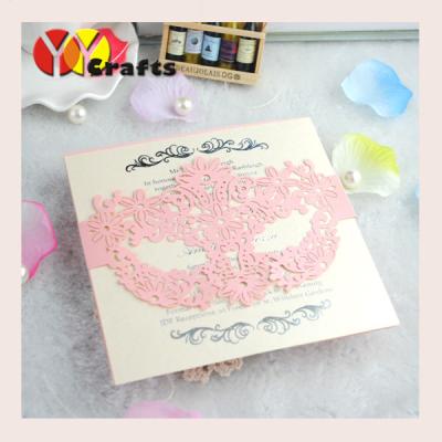 China Unique design pink color mask shape vintage lace wedding cards with printing for sale