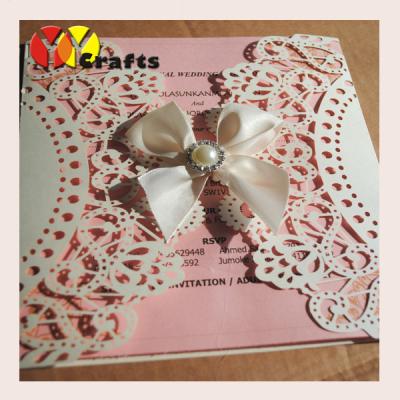 China Simple Wedding invitation card , red pearl paper invitation card with tied butterfly ribbon for sale