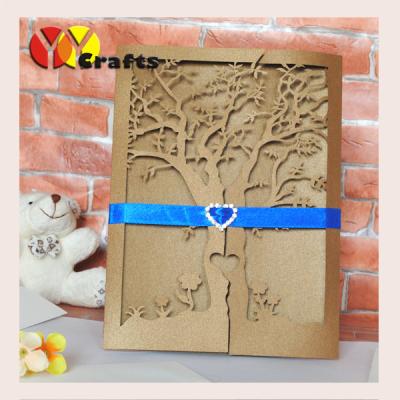 China Marriage invitation card brown with tied ribbon Promotional European Laser Cut Emboss for sale