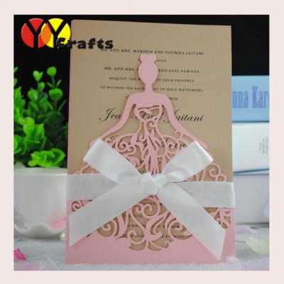 China Pocket pink bridal shower party laser cut greeting invitation cards with bowknot for sale