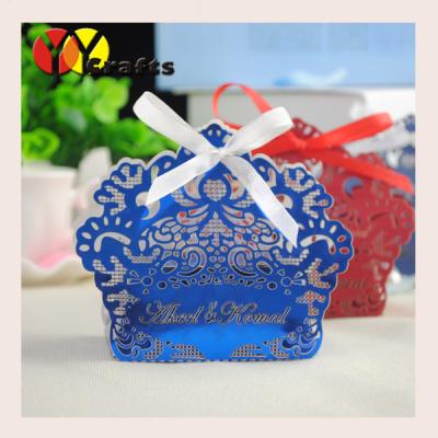 China Red And Blue Lace Laser Cut Boxes Favors  , Wedding Candy Box With Free Name Logo for sale