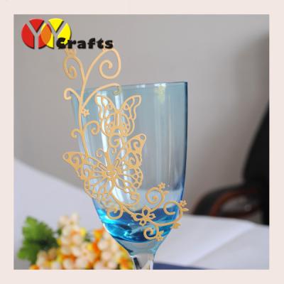 China Wedding Laser cut gold butterfly place card on wine glass 250g pearl paper for sale