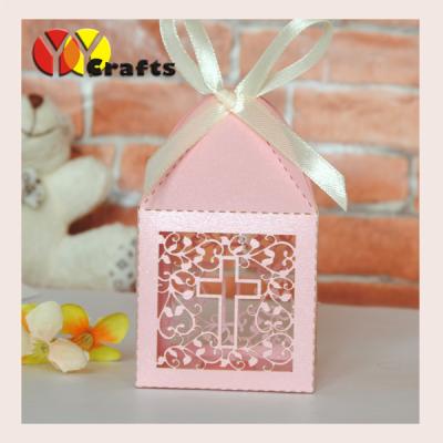 China Pink Cross Favor Boxes  Wedding Candy Gift Boxes With Ivory Or White Free Ribbon for sale