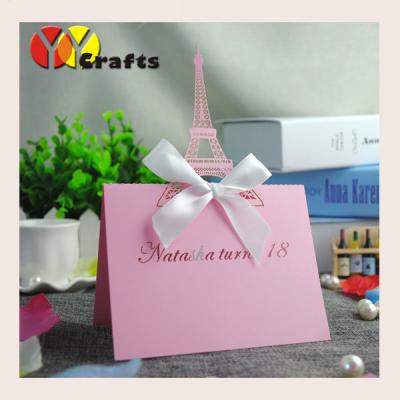 China Romantic pink Eiffel wedding Place Seating Cards pearl paper with ribbon for sale