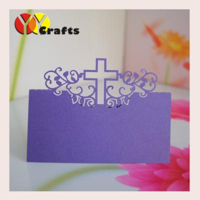 China Elegant purple laser cut place card , baptism place cards great cross design for sale