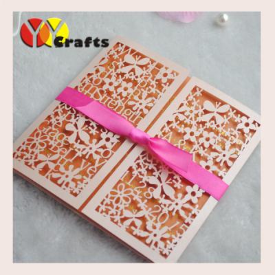 China Elegant design pearl paper laser cut lace invitation card with ribbon for Wedding , Party for sale