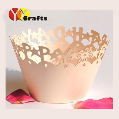 China Laser cut customized cupcake wrappers pink with letters of HAPPY BIRTHDAY for sale