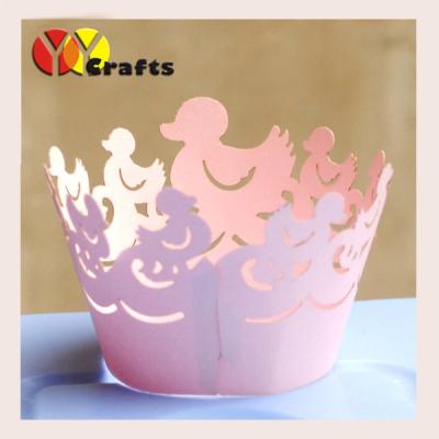 China Laser cut swimming duck pink paper lace cupcake wrappers for baby birthday party for sale