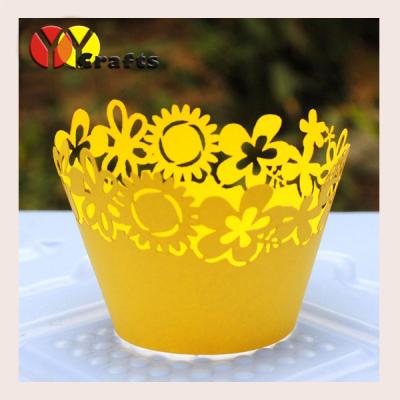 China Wedding cupcake wrappers Laser cut  yellow sunflower for cake for sale