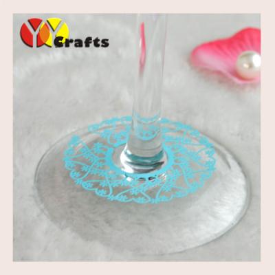 China Blue heart shape laser cut wine claims wedding wine glass bottom decotations for sale