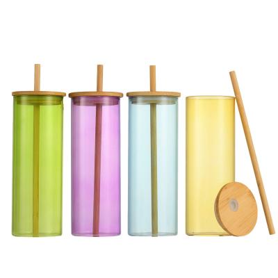 China New Design Disposable Wholesale Customized Size Color Glass Cup With Lid And Bamboo Straw for sale