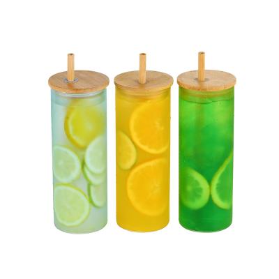 China Disposable Explosive New Products Box Glass Cup With Bamboo Lid And Glass Straw for sale