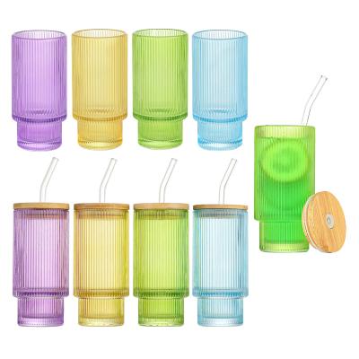 China Transparent Juice Vertical Glass Cup 300ml 500ml Beverage Mug Glass Cup With Straw And Lid for sale