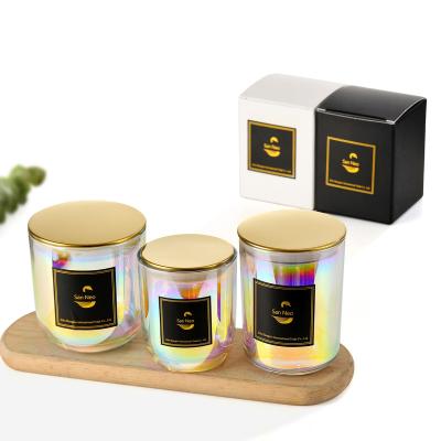 China Home Decoration Luxury Rainbow Plating Empty Round Bottom Glass Candle Containers Scented Candle Jars With Sealed Metal Lid for sale