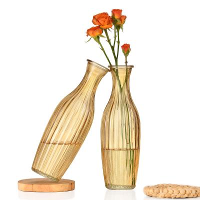 China Modern High Grade Glass Vase Yellow Gray Vertical Stripe Round Vases For Flower Customized for sale