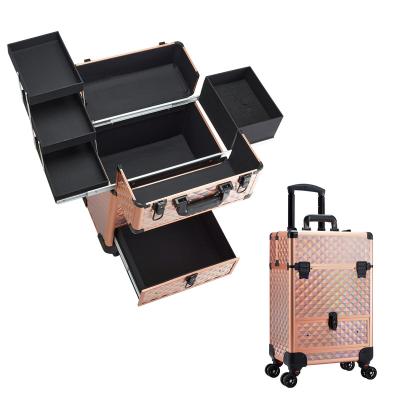 China Durable Makeup Train Suitcase for Nail Polishes Rolling Travel Cosmetic Organizer Professional Makeup Artist Case for sale