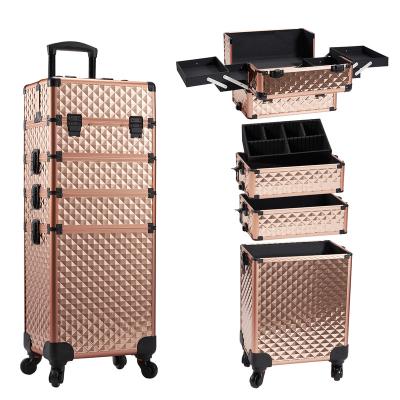 China Durable Gold 4 in 1 Aluminum Makeup Train Case Lockable Rolling Travel Salon Trolley Cosmetics Hairdressing Storage Makeup Case for sale