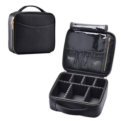 China Durable portable black beauty pu makeup bag salon cosmetic storage with EVA adjustable dividers and outside pocket for sale