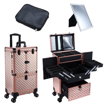 China Durable Most Popular Rolling Train Case Gold Hairdressing Trolley Case for Hairstylist for sale