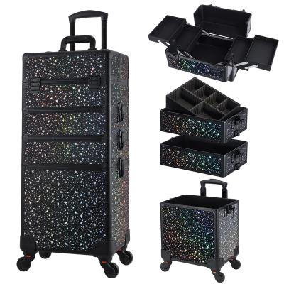 China Durable Rolling Train Case 4-in1 Portable Makeup Train Case Professional Makeup Trolley for Makeup Artist for sale