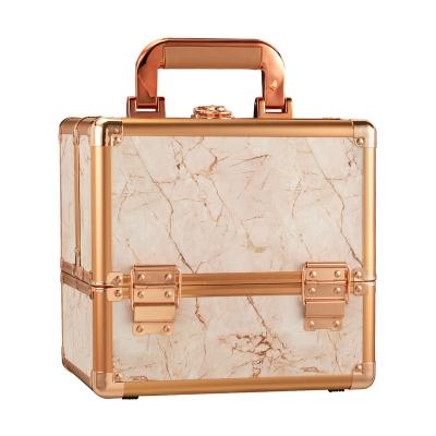 China Durable marble print rose gold beauty case with 3-tire trays and mirror for makeup artist for sale