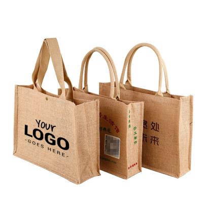 China Handled wholesales cheap custom eco LOGO printed promotion hessian jute sack tote bag for shopping for sale