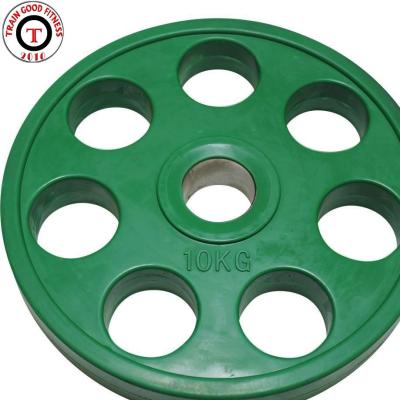 China Seven Hole Barbell Durable High Quality Multicolor Rubber Coated Cast Iron Weight Plates for sale