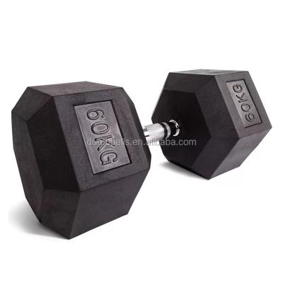 China Rizhao Logo Customized Gym Equipment Black Durable Rubber Coated Hex Dumbbell Weight Lifting for sale