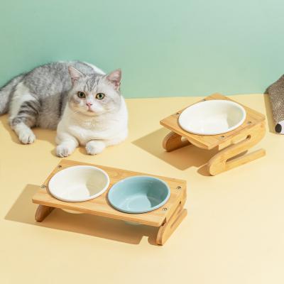 China Sustainable High Quality Double Bowls Pet Bowls Porcelain With Stand For Dog And Cat for sale