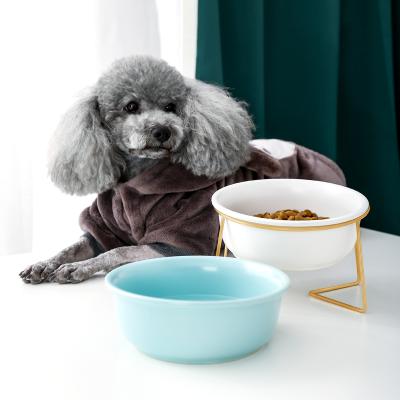 China Wholesale Sustainable High Ceramic Cat Dog Pet Bowl Water Feeder With Wooden Stand for sale