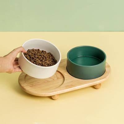 China Sustainable Appearance Double Ceramic Wooden Pet Bowl Sensitive Pet Bowl for sale