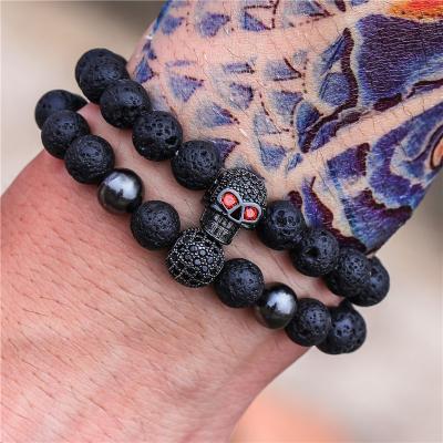 China Environmental Friendly Punk Natural Stones Lion Skull Crown Volcanic Rock Lava Tigereye Elastic CZ Bead Bracelet Sets For Women Men Jewelry for sale