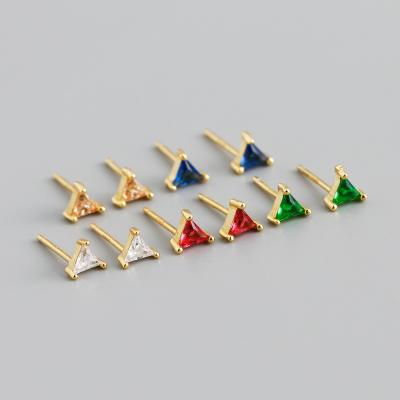 China Fashionable Environmental Friendly S925 Sterling Silver Green Red Triangle Cubic Zircon CZ Gold Plated Stud Earrings For Women Female Fine Jewelry for sale