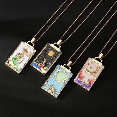 China 2022 Vintage Fashion Jewelry Environmental Friendly 18k Oil Drip Square Sun Moon Tarot Card Gold Plated Pendant Necklaces For Women for sale