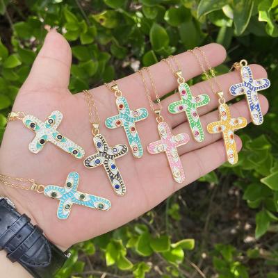 China Vintage Evil Eye Cubic Zircon CZ Cross Stainless Steel Chain Copper Pendant Necklaces 2022 Blue Green Pink For Women Men for sale