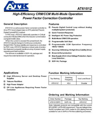 China Power Factor Correction Controller CRM/CCM Multi-Mode Operation Power Factor Correction Controller  ATKIC AT6101Z for sale