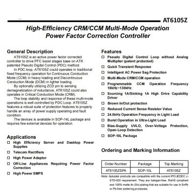 China Power Factor Correction Controller CRM/CCM Multi-Mode Operation Power Factor Correction Controller  ATKIC AT6105Z for sale