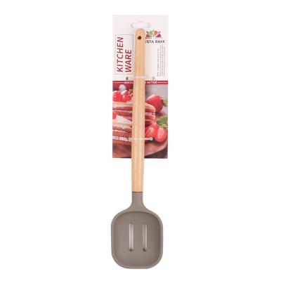 China Sustainable New Arrival Long Wooden Handle Food Grade Silicone Slotted Spoon Spoon Heat Resistant Kitchen Utensils for sale