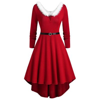 China 2021 Breathable Oversized Ladies Dress Christmas V-Neck Furry Long Sleeve Pique Dress for sale