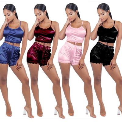 China QUICK DRY ladies lace up decoration crop top warm shorts 2 piece women sleepwear satin shorts pajama set for sale