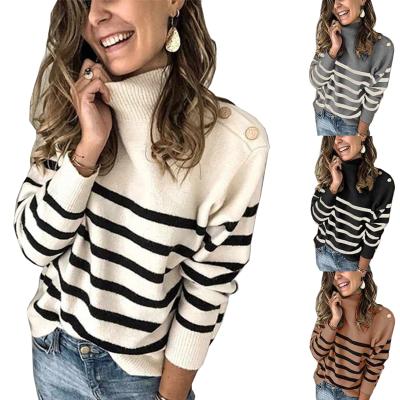 China 2021 Winter QUICK DRY Women's Long Sleeves Knit Sweater Turtle Neck Striped Print Loose Pullover Tops Deco With Button for sale