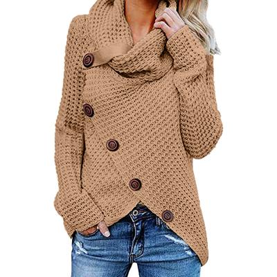 China 2021 Fashion Lady Womens Button Turtle Cowl Neck Edge Wrap Sweater Breathable Asymmetrical Sweater Tops for sale