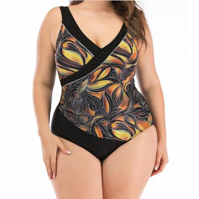 China Plus size 2021 summer women's one-piece plus size bikini waterproof quick-drying swimsuit with fashion print stitch for sale