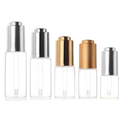 China NEW Design 15ml 20ml 30ml 50ml Alumite Glass Bottle Dropper Cap Pump Press Cosmetic Serum Bottle Essential Oil With Push Button Dropper for sale