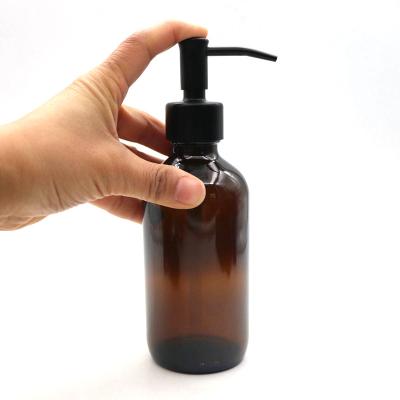 China 250ml Essential Oil Boston Round Glass Cosmetic Bottle With Pump Sprayer For Soap Liquid for sale