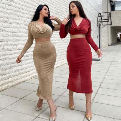 China Breathable Women's 519 Sets Deep V Neckline Long Sheath Tops + Dress Autumn Two Piece Set Women for sale