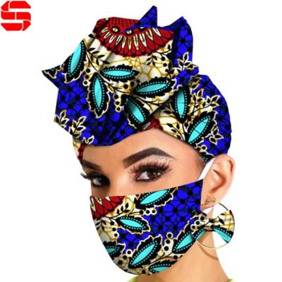 China African Headwraps Women Hair Band Turbans Cloth 3 PCS Set African Printing Hair Hood Mask With Ear Loops for sale