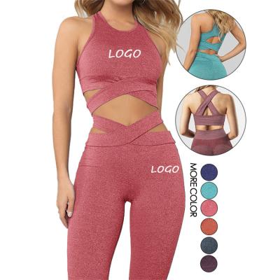 China Breathable Dropshipping 2021 New Activewearscrunch Two Piece Set Cross Fitness Strap Soft Seamless Yoga 2pcs Set Women for sale