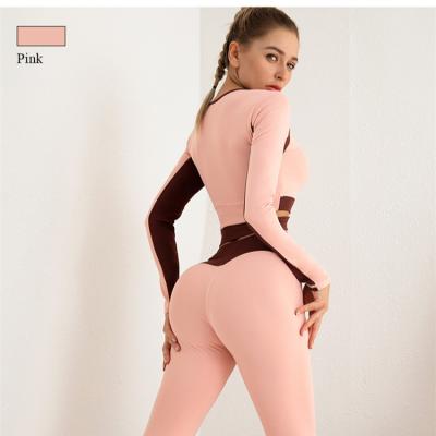 China Free Sample Breathable Gym Wear Seamless Pink Fitness Sport Sets Women Zip Up Two Color Block Sport Sets for sale